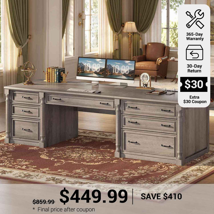 SEDETA 70.8 Inch Office Executive Desk with 7 Storage Drawers Charging Station Wood Computer Desk with 2 File Drawers Writing Desk Study Table