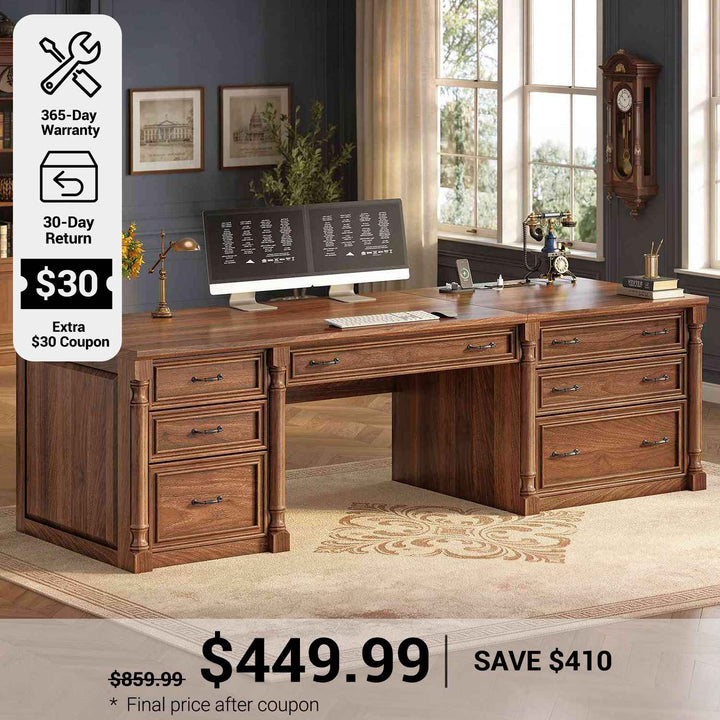 SEDETA 70.8 Inch Office Executive Desk with 7 Storage Drawers Charging Station Wood Computer Desk with 2 File Drawers Writing Desk Study Table