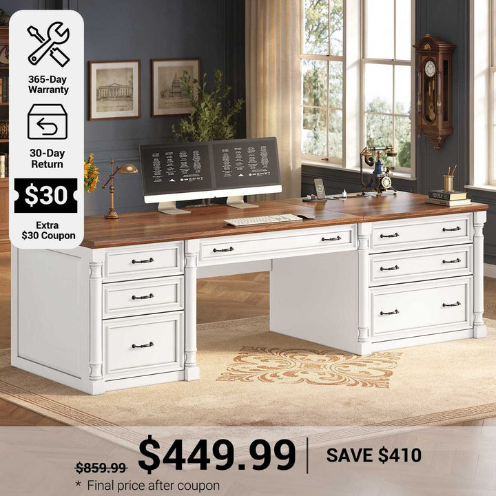 SEDETA 70.8 Inch Office Executive Desk with 7 Storage Drawers Charging Station Wood Computer Desk with 2 File Drawers Writing Desk Study Table