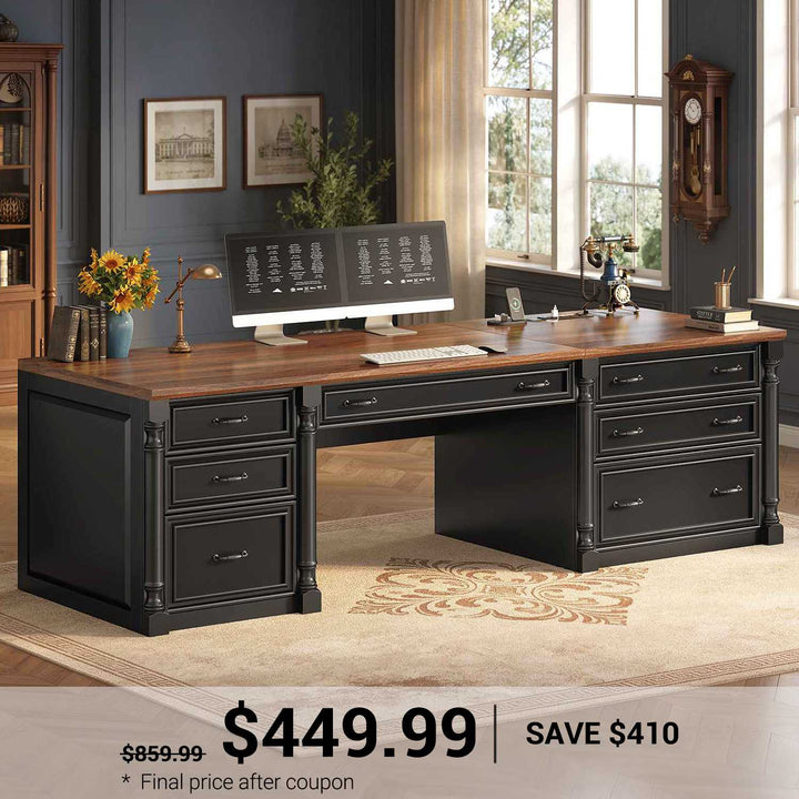 SEDETA 70.8 Inch Office Executive Desk with 7 Storage Drawers Charging Station Wood Computer Desk with 2 File Drawers Writing Desk Study Table