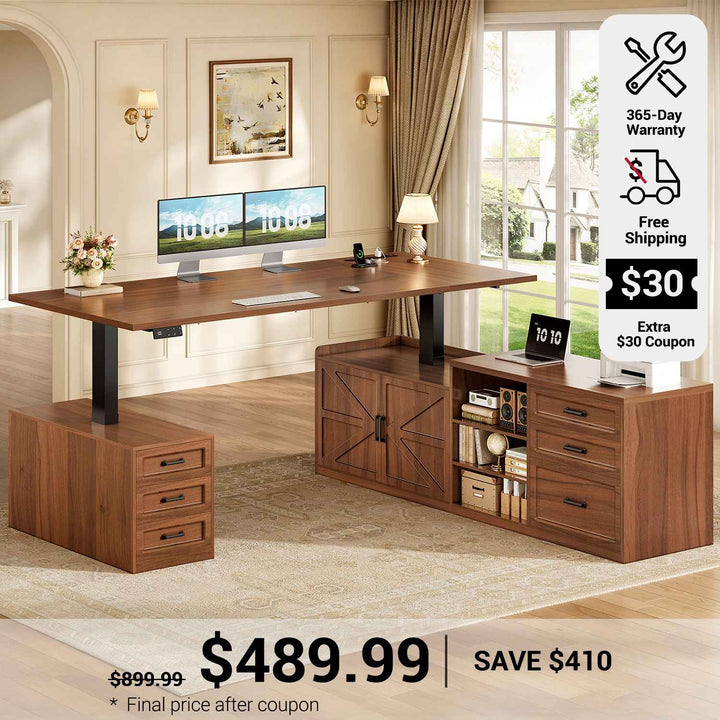 SEDETA 71 Inch Executive L Shaped Electric Standing Desk with 6 Drawers Height Adjustable Office Desk with Power Outlet Sit Stand Large Computer Desk with Storage Shelves