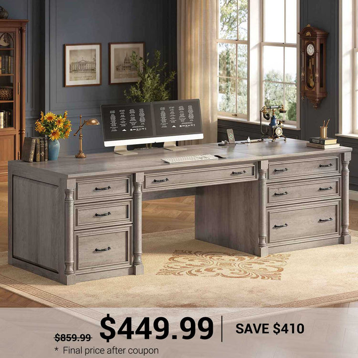 SEDETA 70.8 Inch Office Executive Desk with 7 Storage Drawers Charging Station Wood Computer Desk with 2 File Drawers Writing Desk Study Table