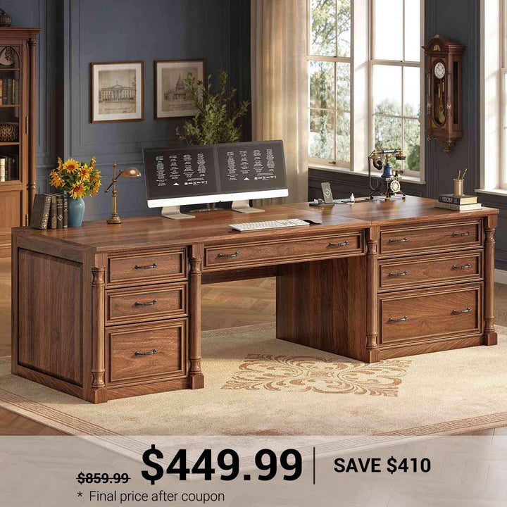SEDETA 70.8 Inch Office Executive Desk with 7 Storage Drawers Charging Station Wood Computer Desk with 2 File Drawers Writing Desk Study Table