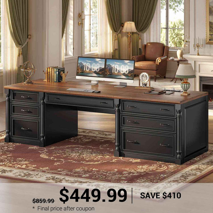 SEDETA 70.8 Inch Office Executive Desk with 7 Storage Drawers Charging Station Wood Computer Desk with 2 File Drawers Writing Desk Study Table