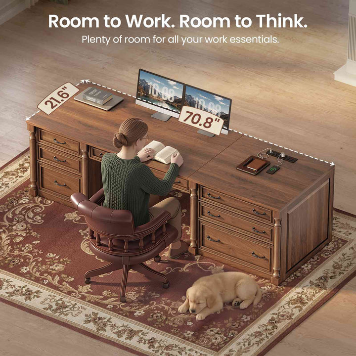 SEDETA | 70.8 Inch Home Office Desk with 7 Storage Drawers Charging Station Executive Desk with 2 File Drawers Writing Desk Study Table