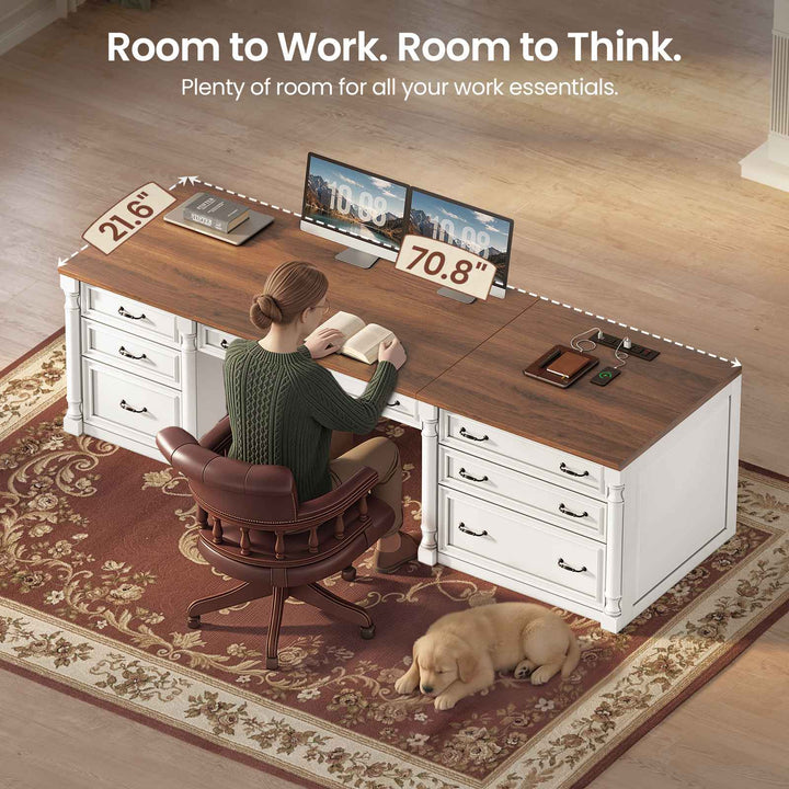 SEDETA | 70.8 Inch Home Office Desk with 7 Storage Drawers Charging Station Executive Desk with 2 File Drawers Writing Desk Study Table