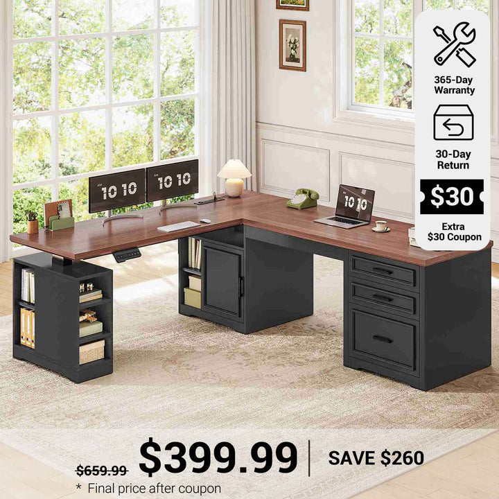 SEDETA 63 Inch L Shaped Electric Standing Desk Height Adjustable Computer Desk Farmhouse with Drawers Shelves and Power Outlet