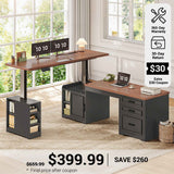 SEDETA 63 Inch L Shaped Electric Standing Desk Height Adjustable Computer Desk Farmhouse with Drawers Shelves and Power Outlet