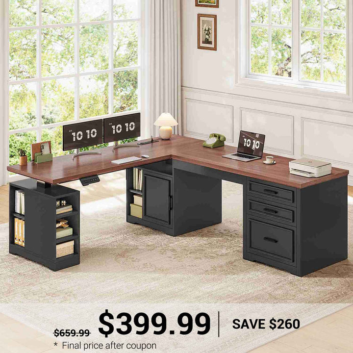 SEDETA 63 Inch L Shaped Electric Standing Desk Height Adjustable Computer Desk Farmhouse with Drawers Shelves and Power Outlet