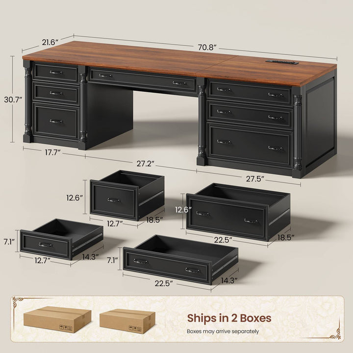 SEDETA | 70.8 Inch Home Office Desk with 7 Storage Drawers Charging Station Executive Desk with 2 File Drawers Writing Desk Study Table