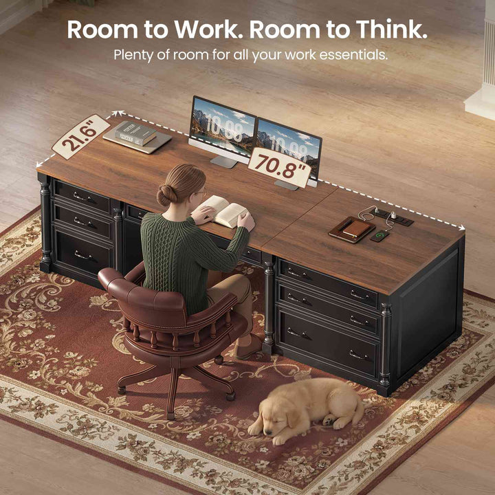SEDETA | 70.8 Inch Home Office Desk with 7 Storage Drawers Charging Station Executive Desk with 2 File Drawers Writing Desk Study Table