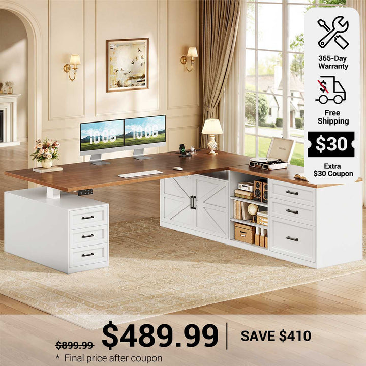 SEDETA 71 Inch Executive L Shaped Electric Standing Desk with 6 Drawers Height Adjustable Office Desk with Power Outlet Sit Stand Large Computer Desk with Storage Shelves