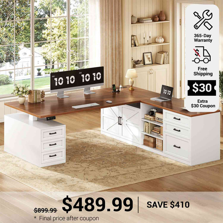 SEDETA 71 Inch Executive L Shaped Electric Standing Desk with 6 Drawers Height Adjustable Office Desk with Power Outlet Sit Stand Large Computer Desk with Storage Shelves