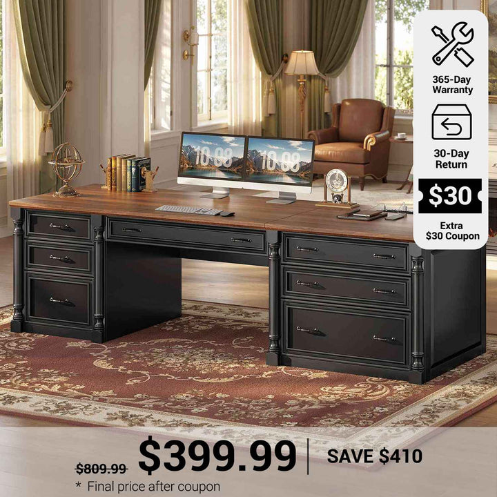 SEDETA® 70.8 Inch Executive Desk with 7 Storage Drawers Charging Station Computer Desk with 2 File Drawers Writing Desk Study Table
