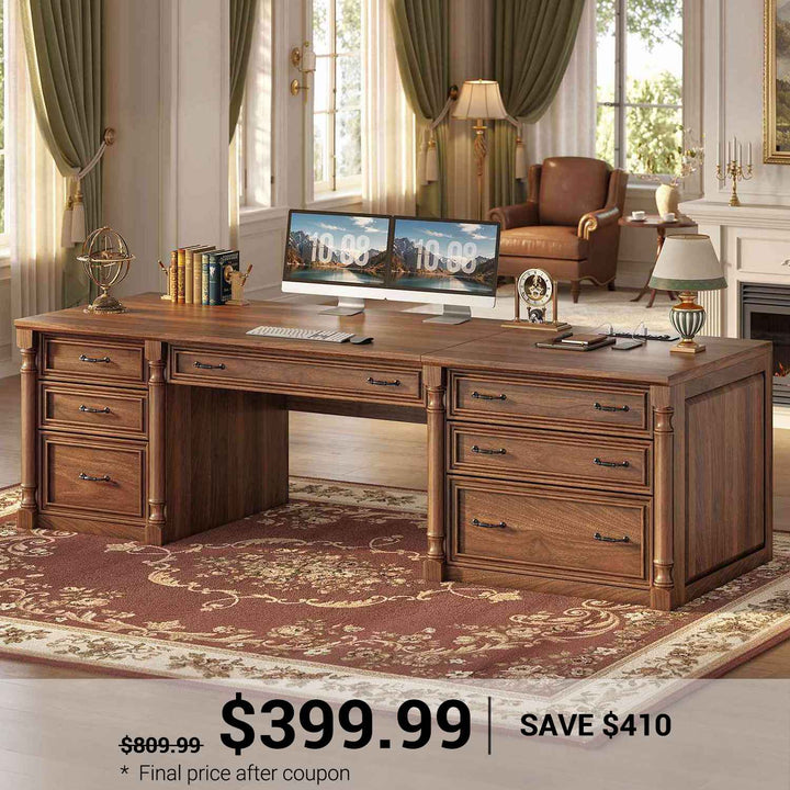 SEDETA® 70.8 Inch Executive Desk with 7 Storage Drawers Charging Station Computer Desk with 2 File Drawers Writing Desk Study Table