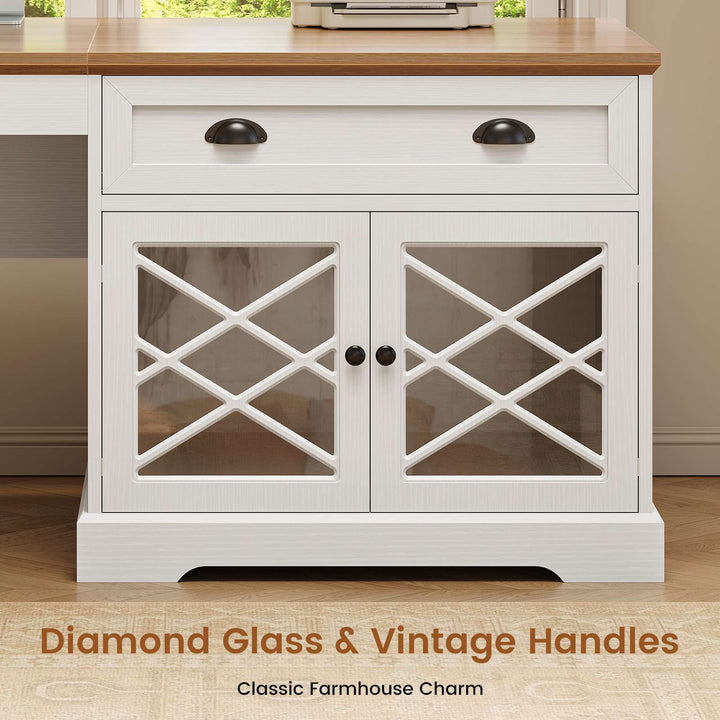 SEDETA 71 Inch L Shaped Executive Desk with 4 Drawers Diamond Glass Storage Cabinet Charging Station Wood Classic Home Office Desk with File Drawers Corner Computer Desk for Work and Study