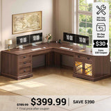 SEDETA 71 Inch L Shaped Executive Desk with 4 Drawers Diamond Glass Storage Cabinet Charging Station Wood Classic Home Office Desk with File Drawers Corner Computer Desk for Work and Study
