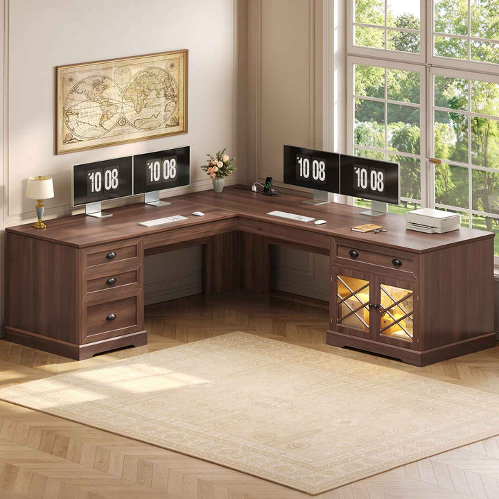 SEDETA 71 Inch L Shaped Executive Desk with 4 Drawers Diamond Glass Storage Cabinet Charging Station Wood Classic Home Office Desk with File Drawers Corner Computer Desk for Work and Study