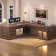 SEDETA 71 Inch L Shaped Executive Desk with 4 Drawers Diamond Glass Storage Cabinet Charging Station Wood Classic Home Office Desk with File Drawers Corner Computer Desk for Work and Study