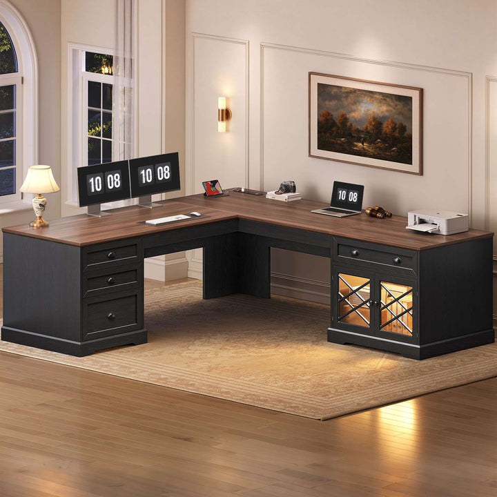 SEDETA 71 Inch L Shaped Executive Desk with 4 Drawers Diamond Glass Storage Cabinet Charging Station Wood Classic Home Office Desk with File Drawers Corner Computer Desk for Work and Study