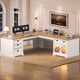 SEDETA 71 Inch L Shaped Executive Desk with 4 Drawers Diamond Glass Storage Cabinet Charging Station Wood Classic Home Office Desk with File Drawers Corner Computer Desk for Work and Study