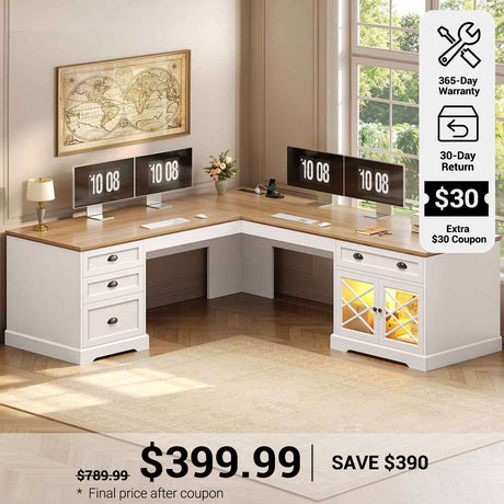 SEDETA 71 Inch L Shaped Executive Desk with 4 Drawers Diamond Glass Storage Cabinet Charging Station Wood Classic Home Office Desk with File Drawers Corner Computer Desk for Work and Study