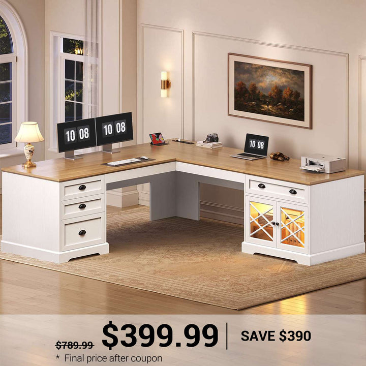 SEDETA 71 Inch L Shaped Executive Desk with 4 Drawers Diamond Glass Storage Cabinet Charging Station Wood Classic Home Office Desk with File Drawers Corner Computer Desk for Work and Study