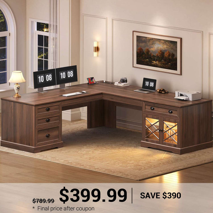 SEDETA 71 Inch L Shaped Executive Desk with 4 Drawers Diamond Glass Storage Cabinet Charging Station Wood Classic Home Office Desk with File Drawers Corner Computer Desk for Work and Study