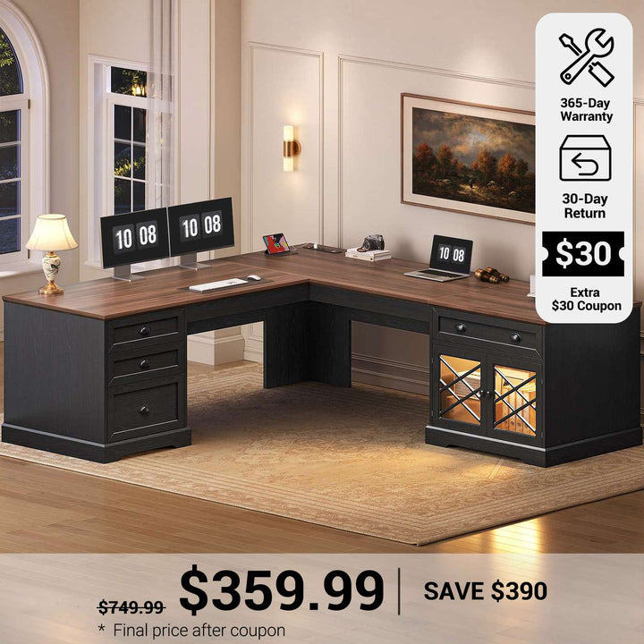 SEDETA® 71 Inch L Shaped Home Office Desk with 4 Drawers Charging Station Diamond Glass Storage Cabinet Wood Classic Executive Desk with File Drawers Corner Computer Desk for Work and Study