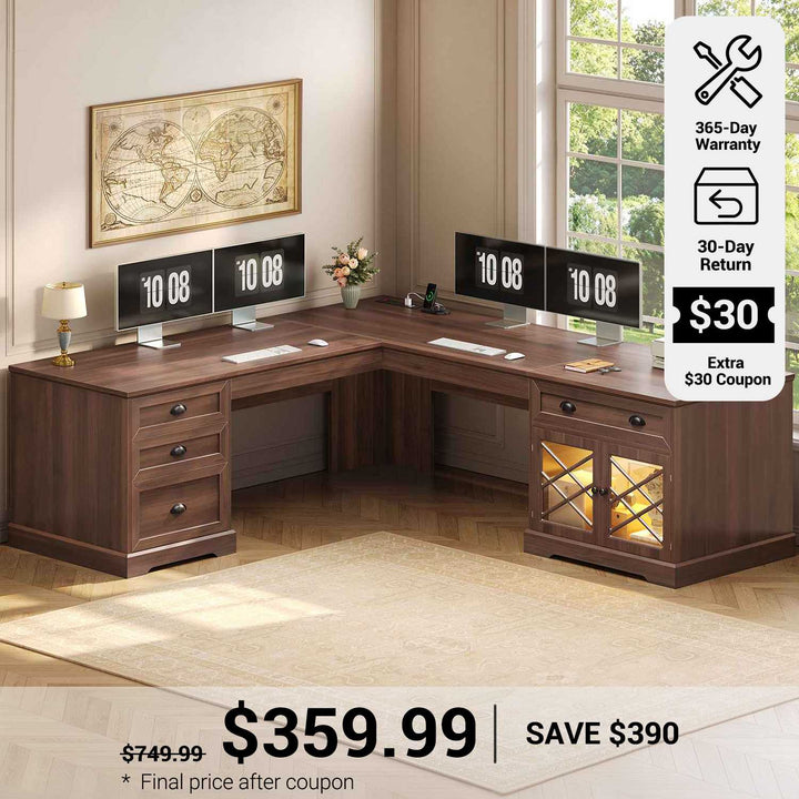SEDETA® 71 Inch L Shaped Home Office Desk with 4 Drawers Charging Station Diamond Glass Storage Cabinet Wood Classic Executive Desk with File Drawers Corner Computer Desk for Work and Study