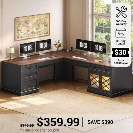 SEDETA® 71 Inch L Shaped Home Office Desk with 4 Drawers Charging Station Diamond Glass Storage Cabinet Wood Classic Executive Desk with File Drawers Corner Computer Desk for Work and Study