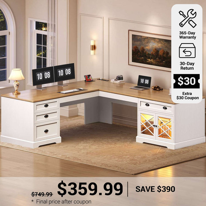 SEDETA® 71 Inch L Shaped Home Office Desk with 4 Drawers Charging Station Diamond Glass Storage Cabinet Wood Classic Executive Desk with File Drawers Corner Computer Desk for Work and Study