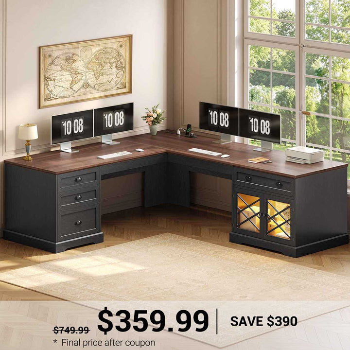 SEDETA | 71 Inch Home Office Desk with 4 Drawers Charging Station Diamond Glass Storage Cabinet Wood Classic L Shaped Executive Desk with File Drawers Corner Computer Desk for Work and Study
