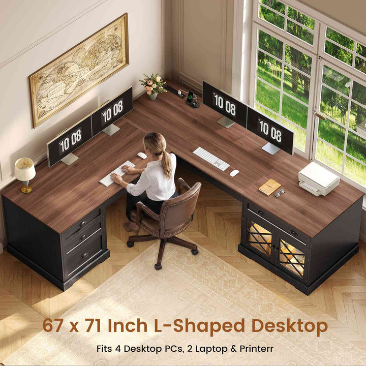 SEDETA 71 Inch L Shaped Executive Desk with 4 Drawers Diamond Glass Storage Cabinet Charging Station Wood Classic Home Office Desk with File Drawers Corner Computer Desk for Work and Study
