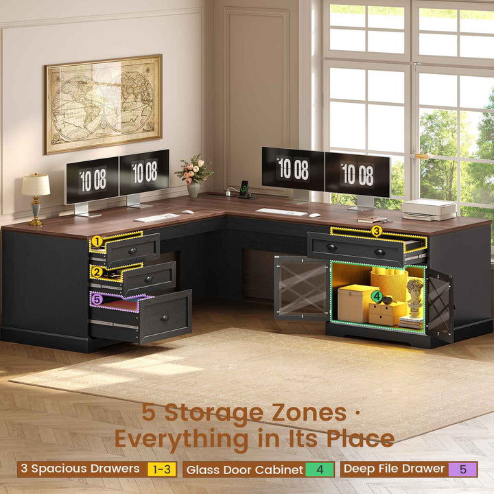 SEDETA 71 Inch L Shaped Executive Desk with 4 Drawers Diamond Glass Storage Cabinet Charging Station Wood Classic Home Office Desk with File Drawers Corner Computer Desk for Work and Study