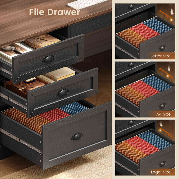 SEDETA 71 Inch L Shaped Executive Desk with 4 Drawers Diamond Glass Storage Cabinet Charging Station Wood Classic Home Office Desk with File Drawers Corner Computer Desk for Work and Study