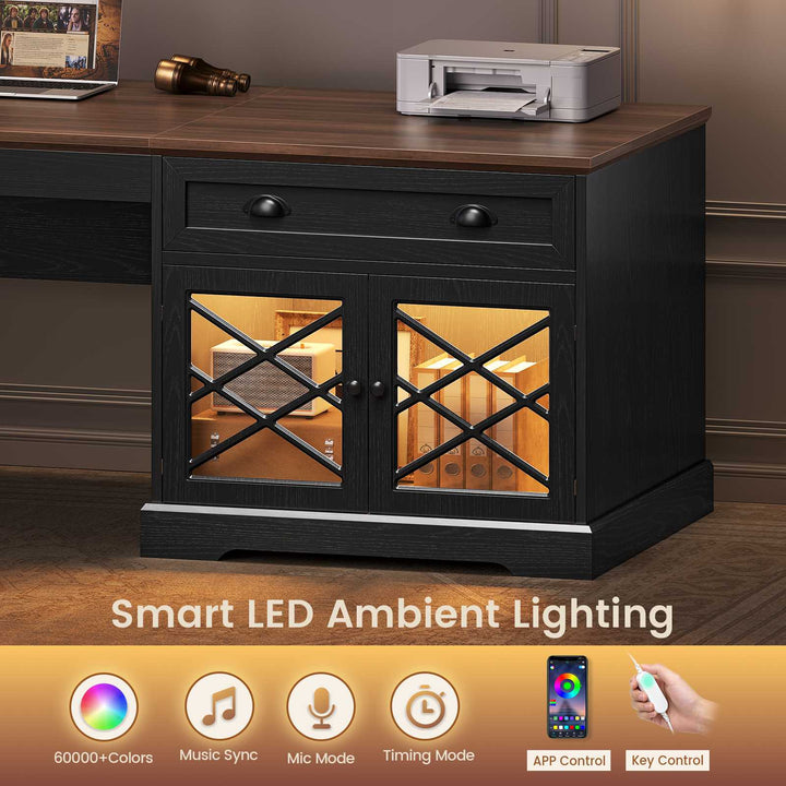 SEDETA 71 Inch L Shaped Executive Desk with 4 Drawers Diamond Glass Storage Cabinet Charging Station Wood Classic Home Office Desk with File Drawers Corner Computer Desk for Work and Study