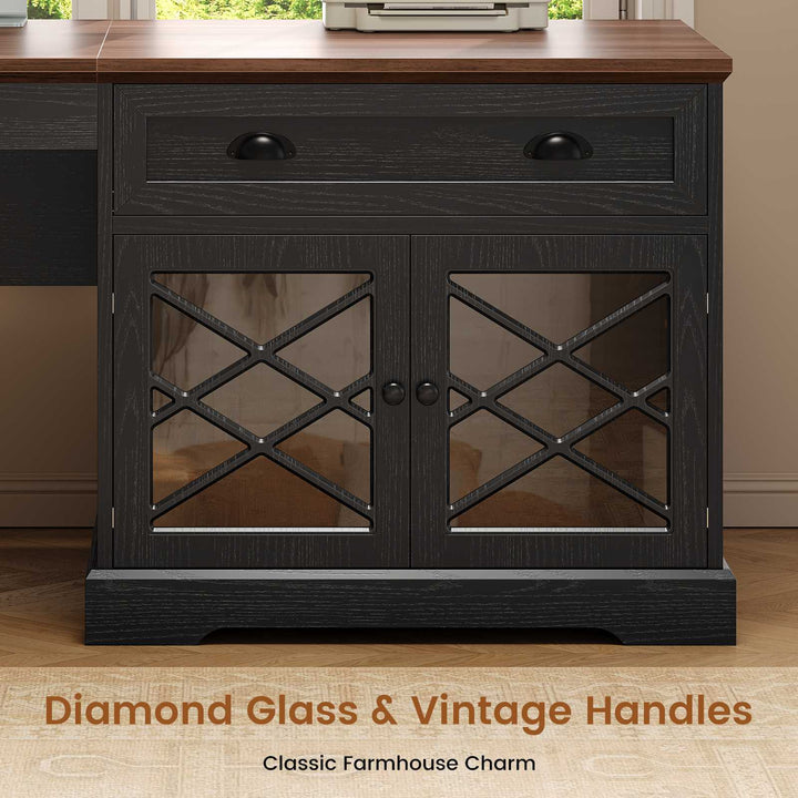 SEDETA 71 Inch L Shaped Executive Desk with 4 Drawers Diamond Glass Storage Cabinet Charging Station Wood Classic Home Office Desk with File Drawers Corner Computer Desk for Work and Study