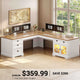 SEDETA | 71 Inch Home Office Desk with 4 Drawers Charging Station Diamond Glass Storage Cabinet Wood Classic L Shaped Executive Desk with File Drawers Corner Computer Desk for Work and Study