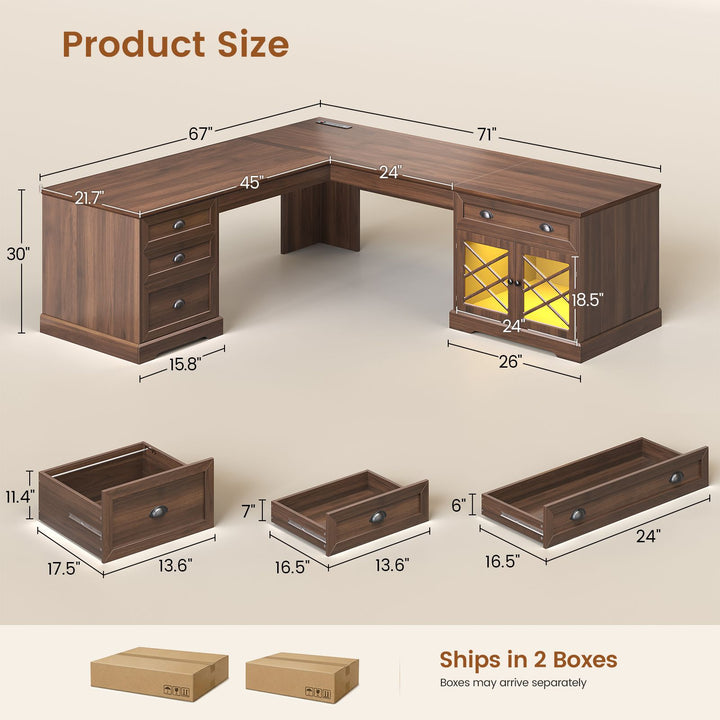 SEDETA 71 Inch L Shaped Executive Desk with 4 Drawers Diamond Glass Storage Cabinet Charging Station Wood Classic Home Office Desk with File Drawers Corner Computer Desk for Work and Study