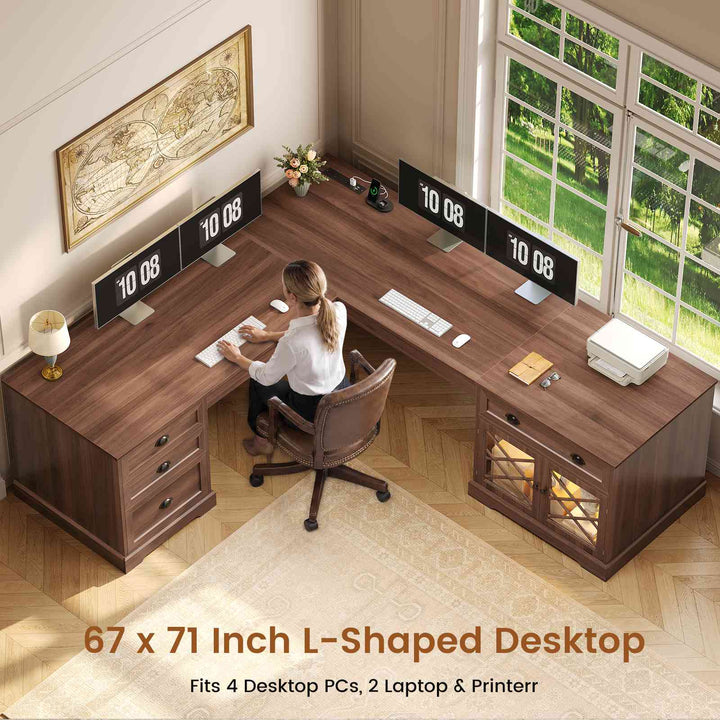 SEDETA 71 Inch L Shaped Executive Desk with 4 Drawers Diamond Glass Storage Cabinet Charging Station Wood Classic Home Office Desk with File Drawers Corner Computer Desk for Work and Study