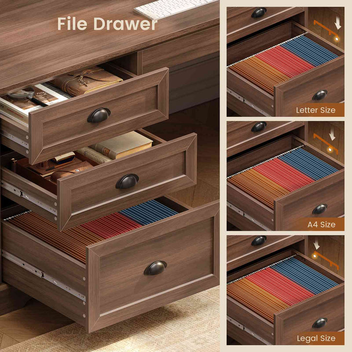 SEDETA 71 Inch L Shaped Executive Desk with 4 Drawers Diamond Glass Storage Cabinet Charging Station Wood Classic Home Office Desk with File Drawers Corner Computer Desk for Work and Study