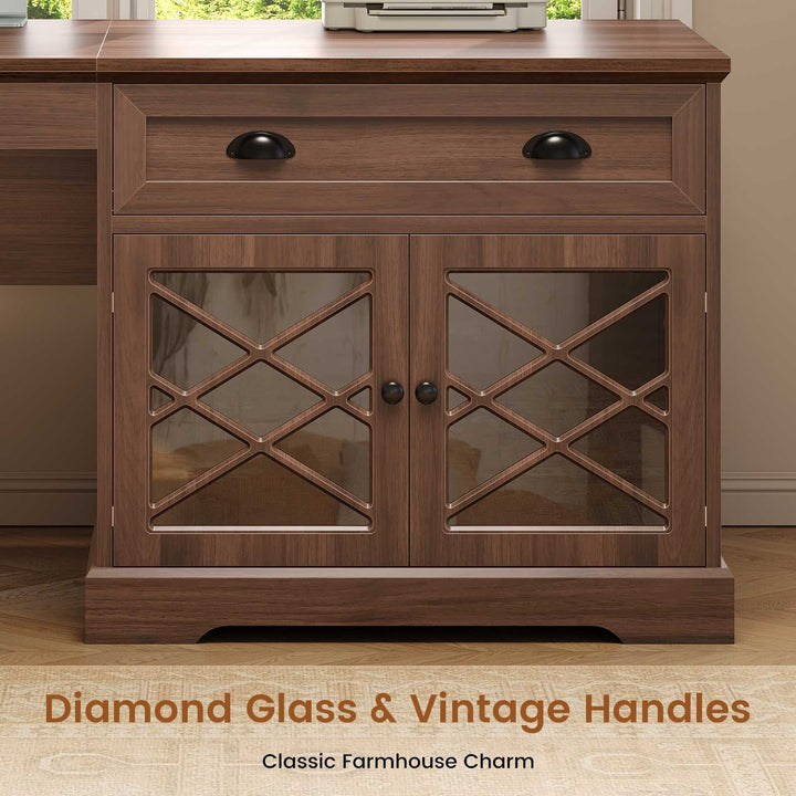 SEDETA 71 Inch L Shaped Executive Desk with 4 Drawers Diamond Glass Storage Cabinet Charging Station Wood Classic Home Office Desk with File Drawers Corner Computer Desk for Work and Study