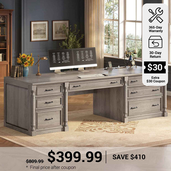SEDETA® 70.8 Inch Executive Desk with 7 Storage Drawers Charging Station Computer Desk with 2 File Drawers Writing Desk Study Table