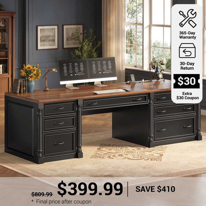 SEDETA® 70.8 Inch Executive Desk with 7 Storage Drawers Charging Station Computer Desk with 2 File Drawers Writing Desk Study Table