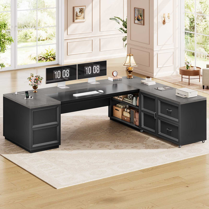 SEDETA 78.7 Inch L Shaped Executive Desk with Mobile File Cabinet Power Outlet Large Home Office Computer Desk with Drawers Storage Shelves Privacy Baffle
