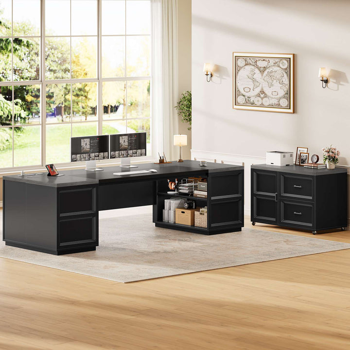 SEDETA 78.7 Inch L Shaped Executive Desk with Mobile File Cabinet Power Outlet Large Home Office Computer Desk with Drawers Storage Shelves Privacy Baffle