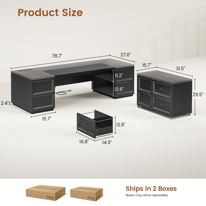SEDETA 78.7 Inch L Shaped Executive Desk with Mobile File Cabinet Power Outlet Large Home Office Computer Desk with Drawers Storage Shelves Privacy Baffle