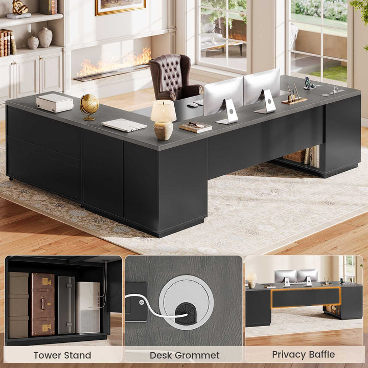SEDETA 78.7 Inch L Shaped Executive Desk with Mobile File Cabinet Power Outlet Large Home Office Computer Desk with Drawers Storage Shelves Privacy Baffle