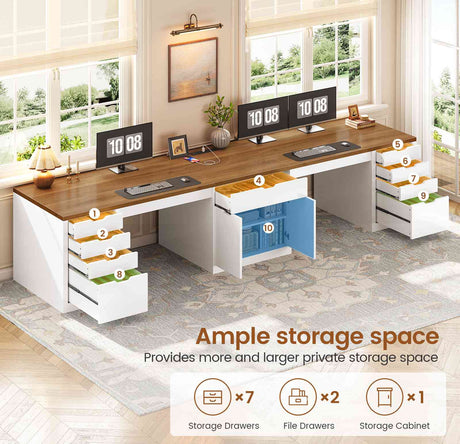 SEDETA 110.2 Inch Long 2 Person Desk with 9 Drawers for Home Office Long Computer Desk with Storage Cabinet Gaming Double Desk with Power Outlets Two Person Office Desk with Drawers